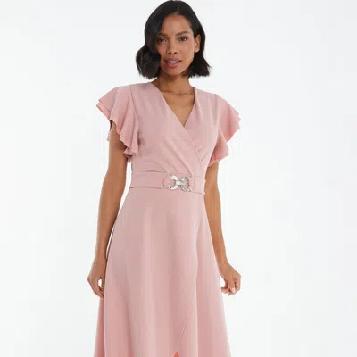Quiz Frill Sleeve Dip Hem Buckle Wrap Dress In Pink