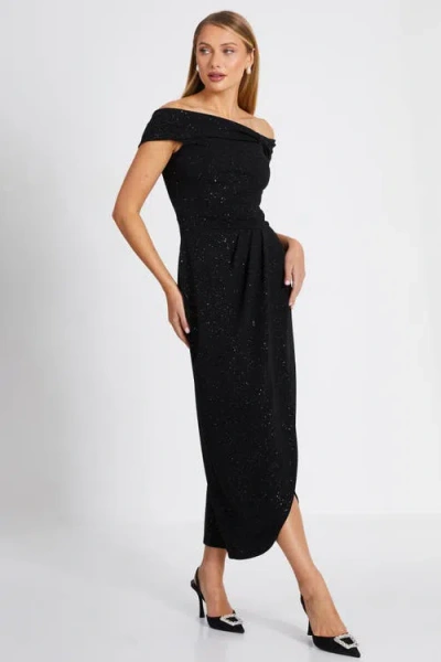 Quiz Glitter Liverpool Bardot Wrap Midi Dress In Black