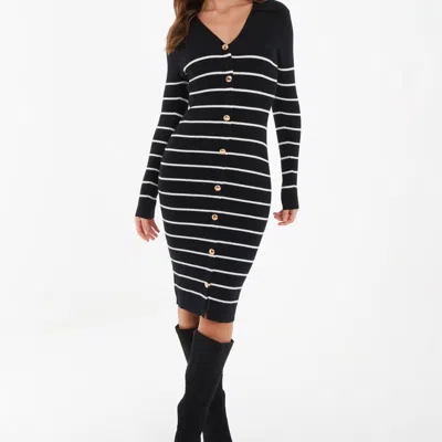 Quiz Gold Button Detail Striped Knit Midi Dress In Black