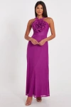 Quiz Halter Mesh Maxi Dress With 3d Flower In Magenta