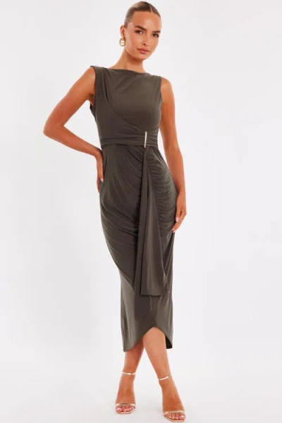 Quiz Ity Wrap Maxi Dress With Gold Bar Trim In Green