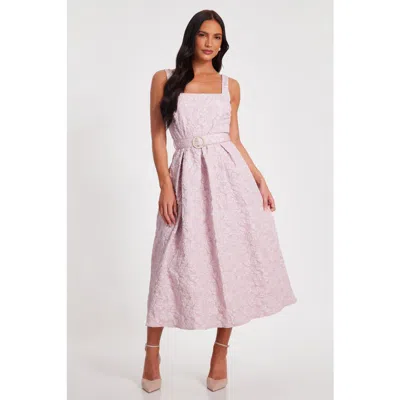 Quiz Jacquard Square Neck Midi Dress In Pale Pink