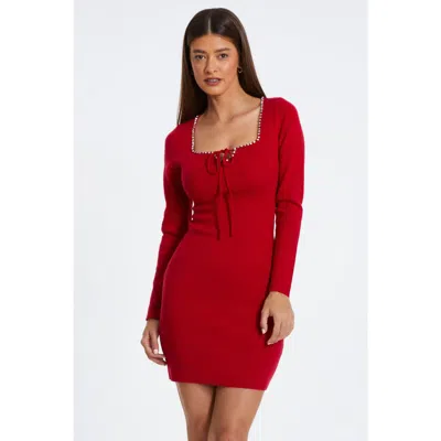 Quiz Knit Diamante Trim Tie Neck Long Sleeve Mini Sweater Dress In Red