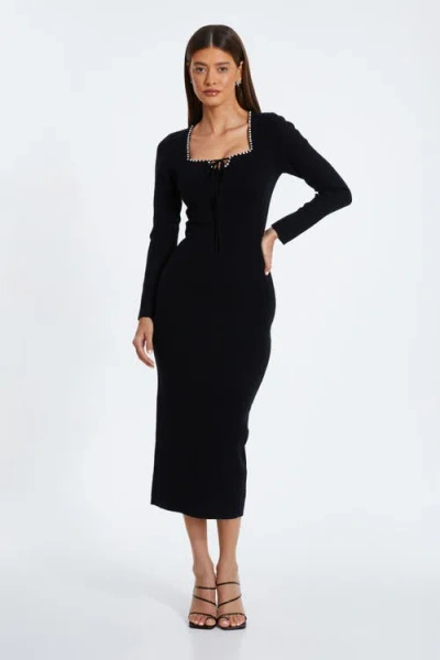 Quiz Knit Diamante Trim Tie Neck Long Sleeve Sweater Dress In Black