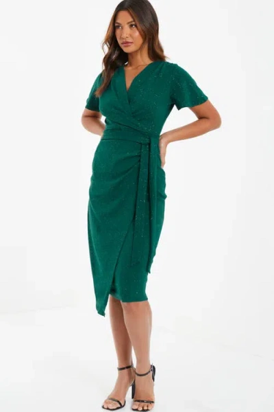 Quiz Liverpool Glitter Angel Sleeve Midi Dress In Bottle Green