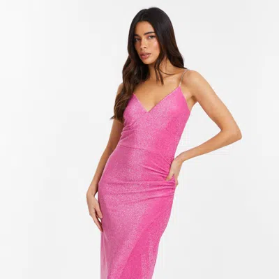 Quiz Lurex Wrap Diamante Strap Maxi Dress In Pink