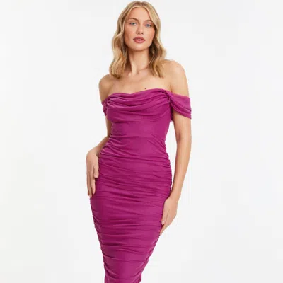 Quiz Mesh Bardot Ruched Midi Dress In Purple