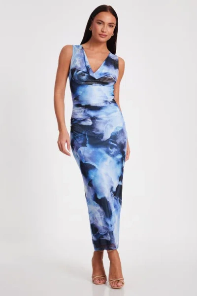 Quiz Mesh Cowl Back Maxi Dress In Blue