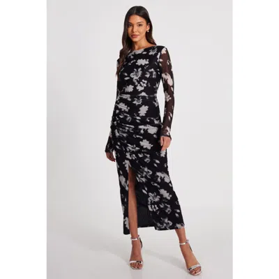 Quiz Mesh Floral Long Sleeve Maxi Dress In Black