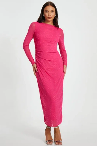 Quiz Mesh Hotfix Maxi Dress In Magenta