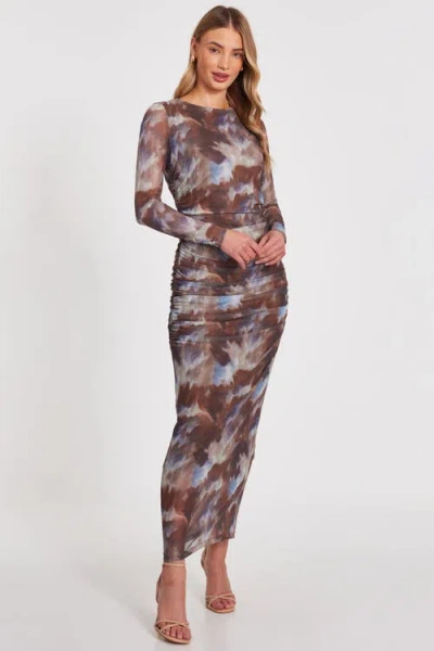 Quiz Mesh Long Sleeve Maxi Dress In Brown
