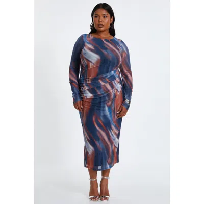 Quiz Mesh Marble Round Neck Long Sleeve Midaxi Dress In Dark Blue