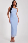 Quiz Mesh One Shoulder Chain Detail Maxi Dress In Pale Blue