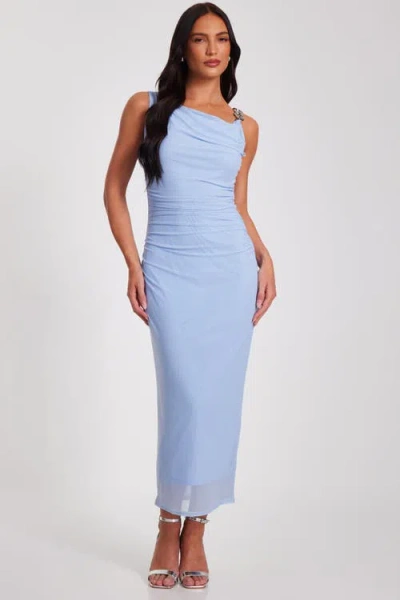 Quiz Mesh One Shoulder Chain Detail Maxi Dress In Pale Blue