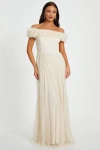 Quiz Mesh Ruffle Bardot Maxi Dress In Cream