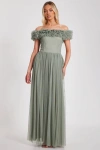Quiz Mesh Ruffle Bardot Maxi Dress In Sage
