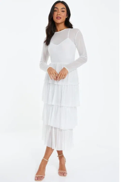 Quiz Mesh Tiered Skater Dress In White