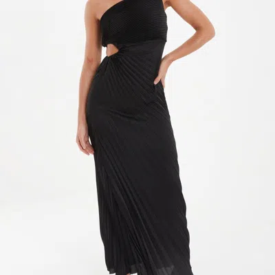 Quiz One-shoulder Cut Out Waist Pleated Maxi Dress In Black