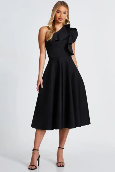 Quiz One Shoulder Frill Detail Skater Dress In Black