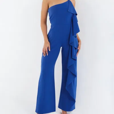Quiz One-shoulder Frill Palazzo Jumpsuit In Blue