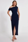 Quiz One Shoulder Scuba Crepe Asymmetric Maxi Dress In Navy
