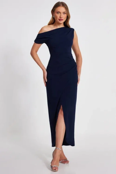 Quiz One Shoulder Scuba Crepe Asymmetric Maxi Dress In Navy