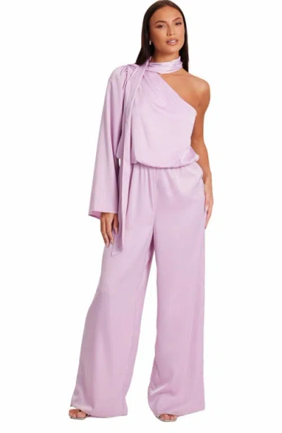 Quiz One Sleeved Satin Jumpsuit With Scarf Detail In Lilac