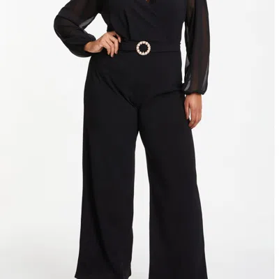 Quiz Plus Size Buckle Detail Chiffon Sleeve Palazzo Jumpsuit In Black