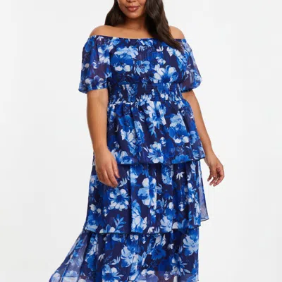 Quiz Plus Size Chiffon Floral Bardot Tiered Midi Dress In Blue