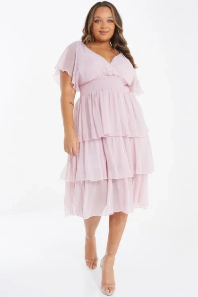 Quiz Plus Size Chiffon Glitter Tiered Dress In Pink