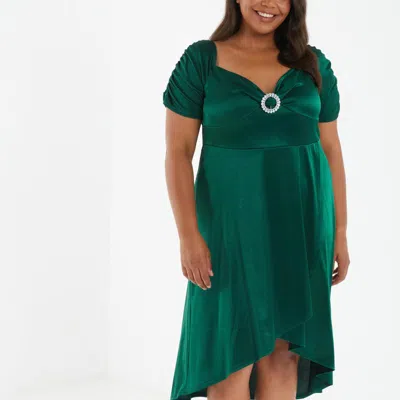 Quiz Plus Size Embellished Broach Bardot Dip Hem Dress In Green