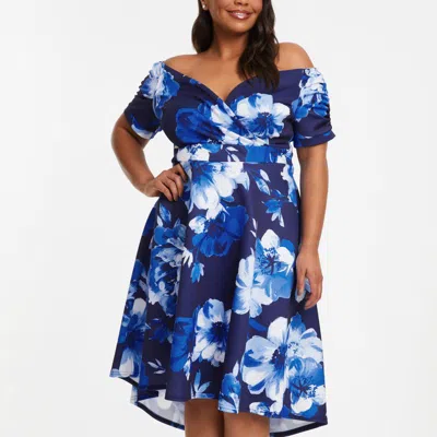 Quiz Plus Size Floral Bardot Ruched Dip Hem Dress In Blue