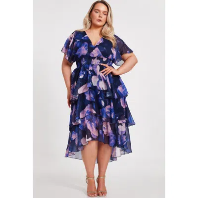 Quiz Plus Size Front Wrap Midi Dip Hem Dress In Navy