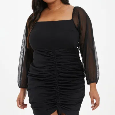 Quiz Plus Size Mesh Long Sleeve Ruched Dress In Black