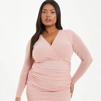 Quiz Plus Size Mesh Wrap Ruched Midi Dress In Pink