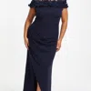 Quiz Plus Size Ruffle Bardot Ruched Maxi Dress In Blue