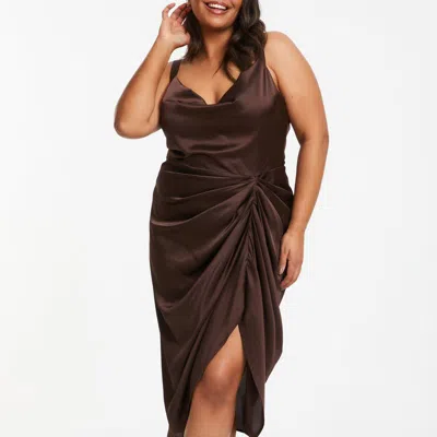 Quiz Plus Size Satin Cowl Ruched Midi Dress In Brown