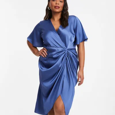 Quiz Plus Size Satin Wrap Ruched Midi Dress In Blue