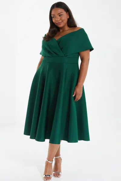 Quiz Plus Size Scuba Bardot Skater Midi Dress In Green