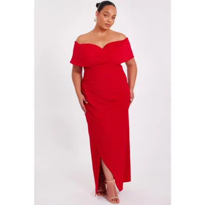 Quiz Plus Size Scuba Crepe Bardot Wrap Maxi Dress In Red