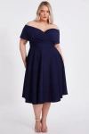 Quiz Plus Size Scuba Crepe Bardot Wrap Midi Skater Dress In Blue
