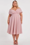 Quiz Plus Size Scuba Crepe Bardot Wrap Midi Skater Dress In Blush