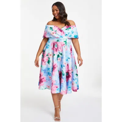 QUIZ QUIZ PLUS SIZE SCUBA KNIT FLORAL BARDOT SKATER MIDI DRESS