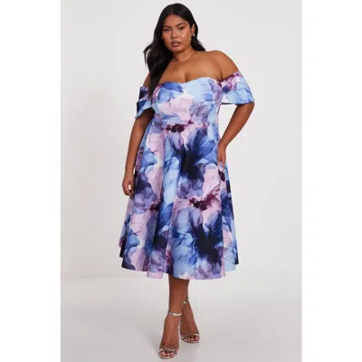 Quiz Plus Size Scuba Floral Print Bardot Midi Skater Dress In Light Blue