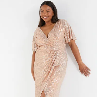Quiz Plus Size Sequin Wrap Batwing Maxi Dress In Brown