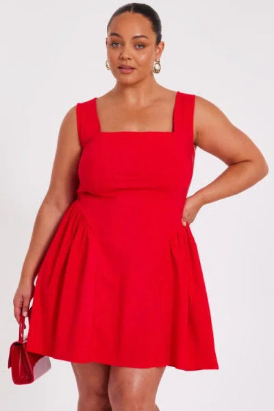 Quiz Plus Size Square Neck Drop Waist Mini Dress In Red