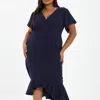 Quiz Plus Size V-neck Frill Hem Midi Dress In Blue