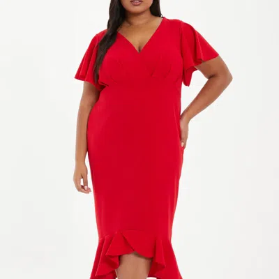 Quiz Plus Size V-neck Frill Hem Midi Dress In Red