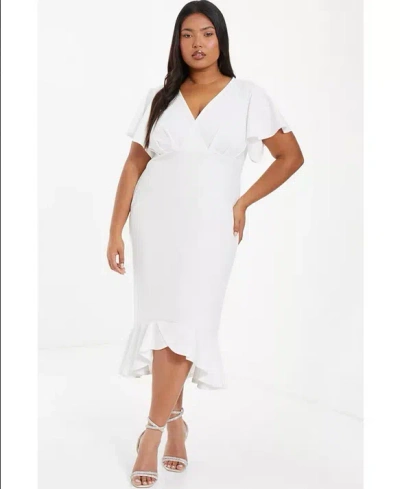 Quiz Plus Size V-neck Frill Hem Midi Dress In White