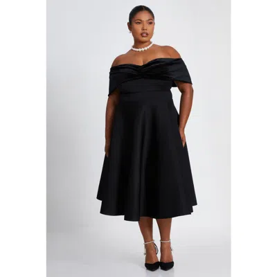 Quiz Plus Size Velvet Scuba Bardot Skater Dress In Black